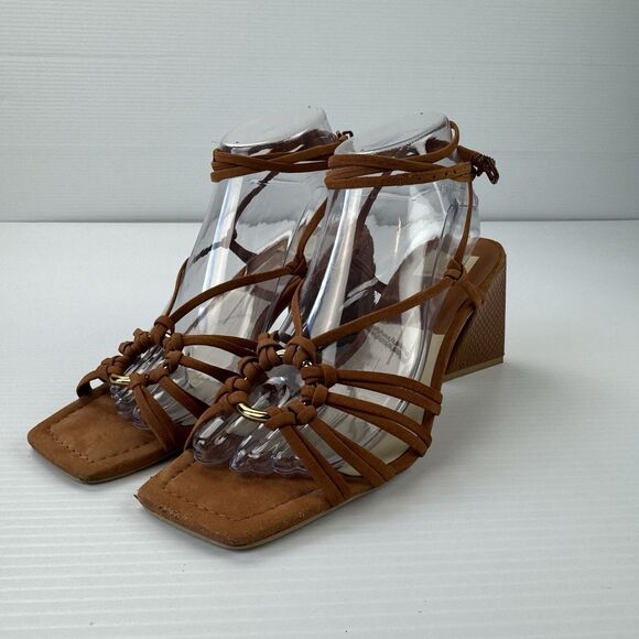 Dolce Vita Kash Cedar Nubuck Tie Up Block Heel Sandals 8.5 Square Toe Strappy - Picture 3 of 16